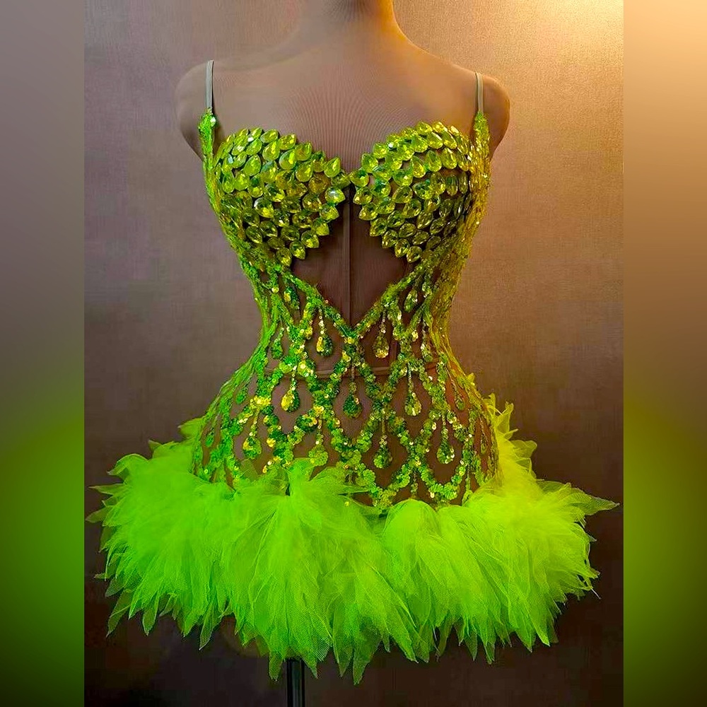 Neon Green Sequin & Tulle Strapless Minidress